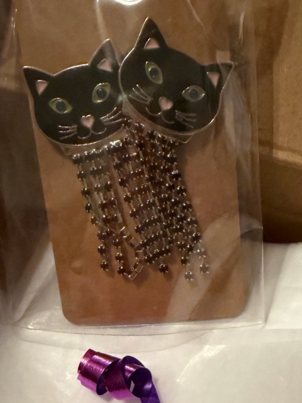 NWT Black Cat Face Enamel Drop Earrings with Black Beaded Fringe NEW